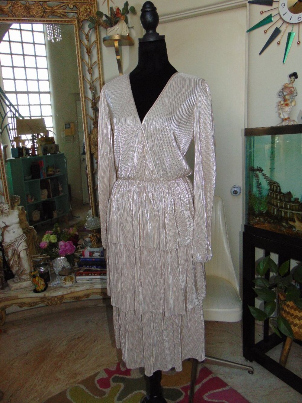 WAYF Dress Metallic Champagne Pleated and Tiered Cocktail Party Vibe Rich Girl S